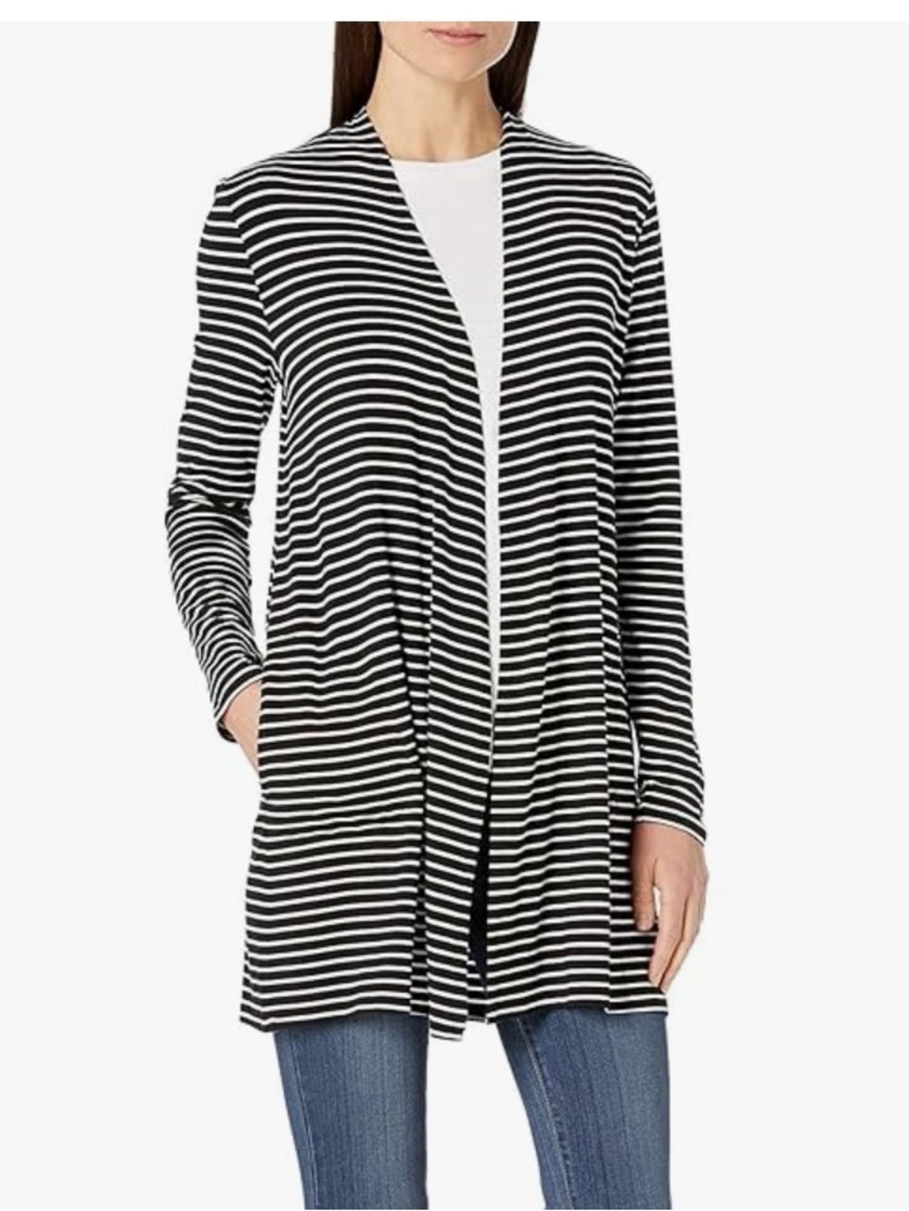 Black and White Striped Open-Front Women's Sweater Cardigan